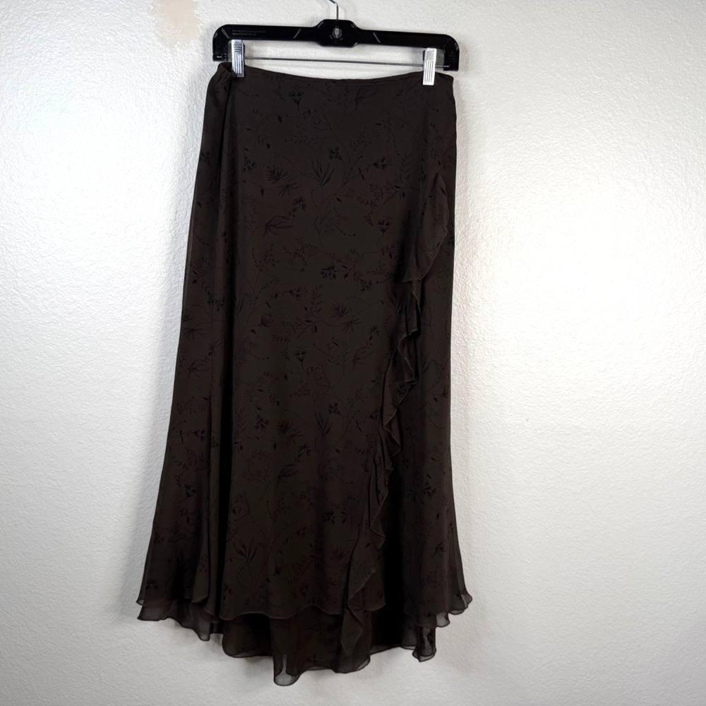 Chico's Women's Skirt Brown Sz 0 S Silk Ruffle Long Whimsigoth Dark Fairy Boho